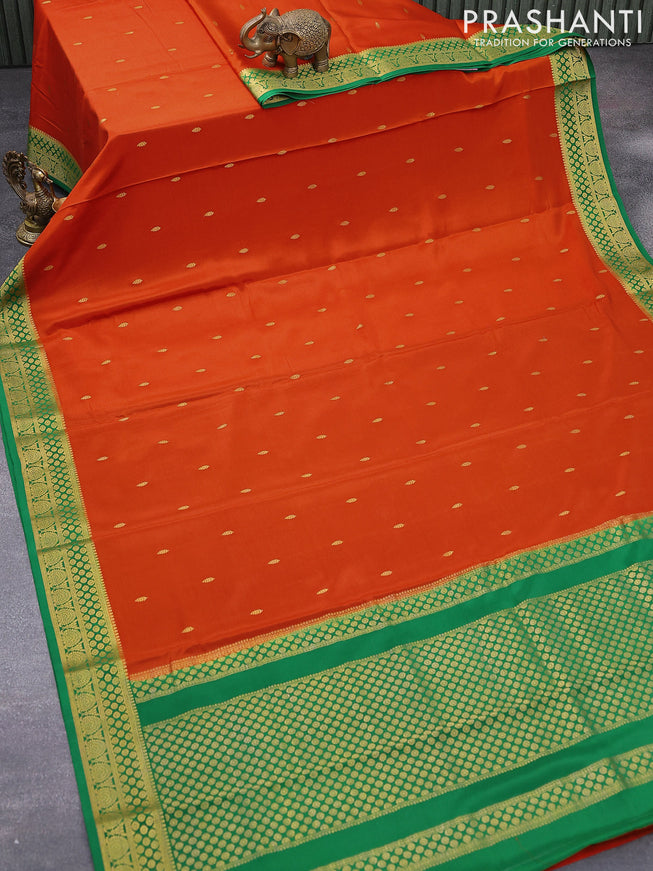 Pure mysore silk saree rustic orange and green with zari woven buttas and zari woven border