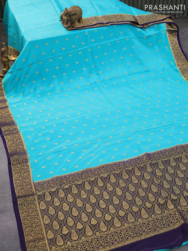 Pure mysore silk saree teal blue and dark blue with allover zari woven buttas and zari woven border