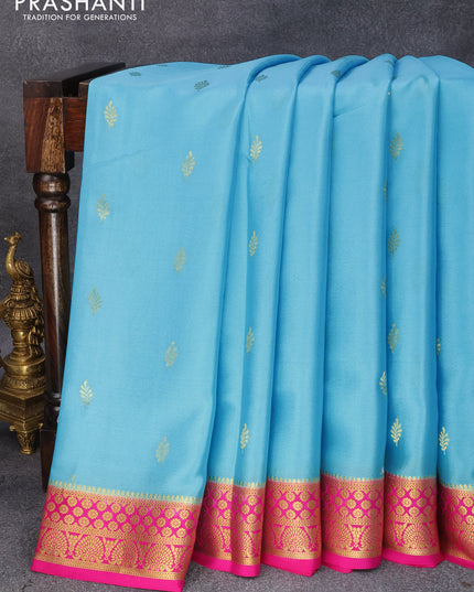 Pure mysore silk saree light blue and pink with zari woven leaf buttas and zari woven border