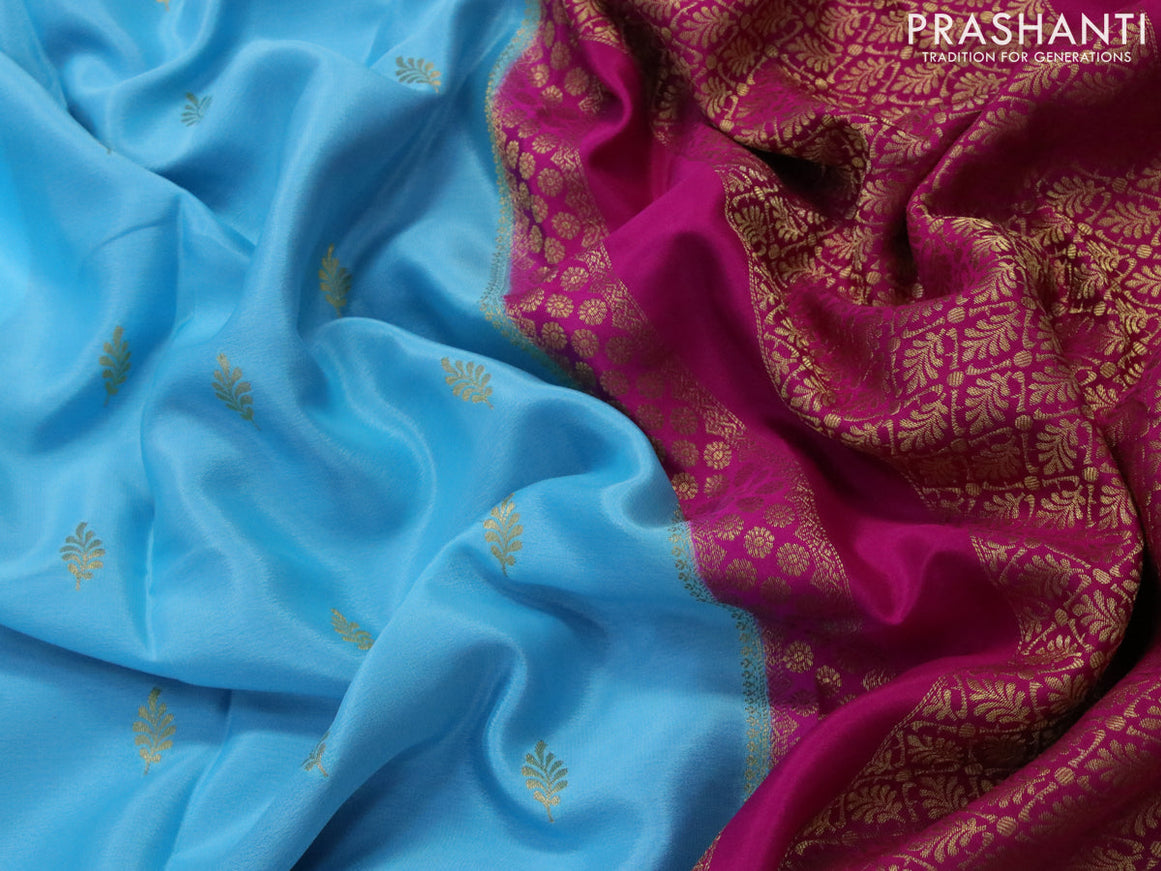 Pure mysore silk saree light blue and pink with zari woven leaf buttas and zari woven border