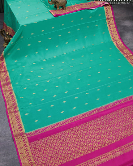 Pure mysore silk saree teal blue shade and pink with zari woven leaf buttas and zari woven border
