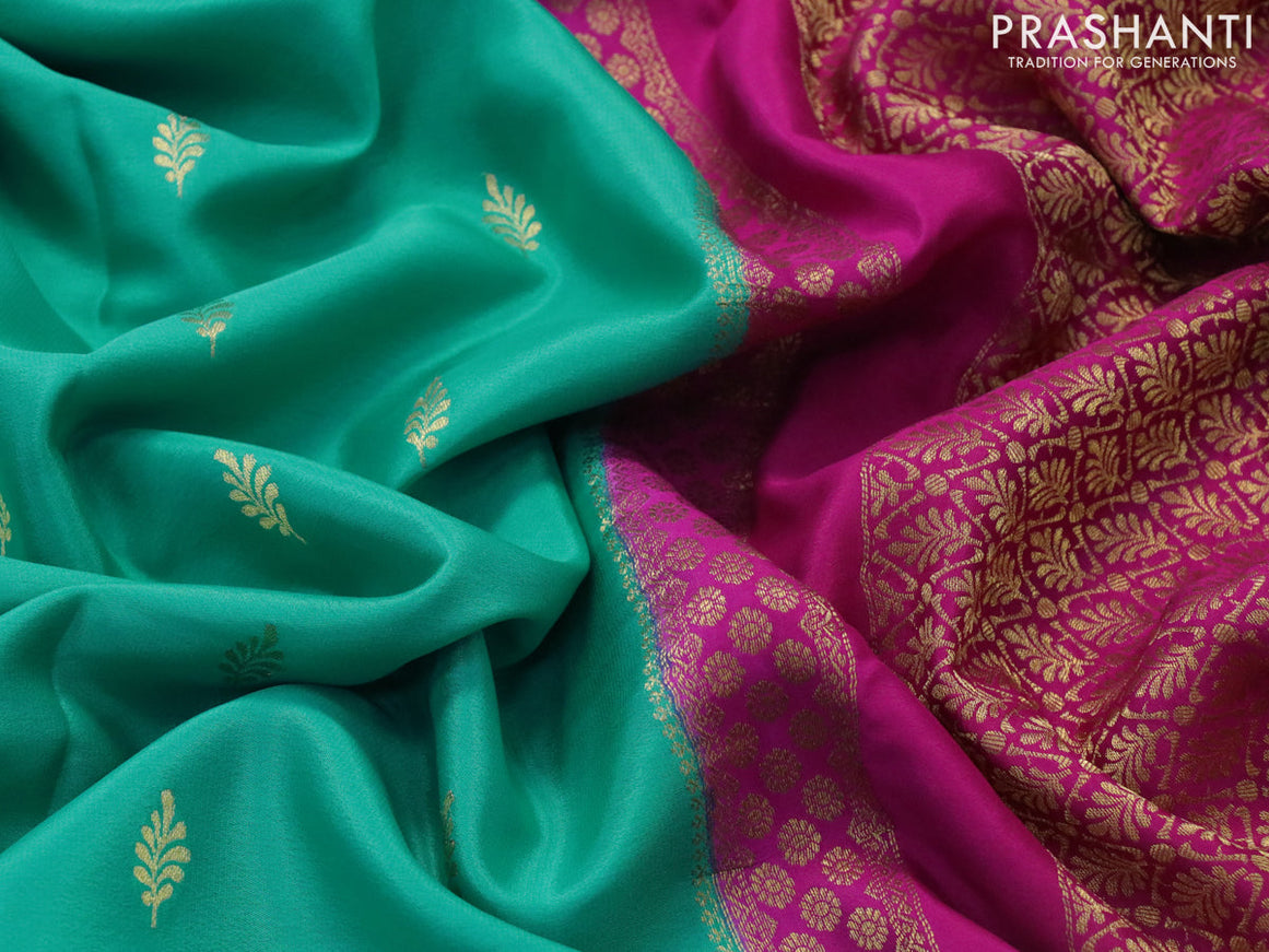 Pure mysore silk saree teal blue shade and pink with zari woven leaf buttas and zari woven border
