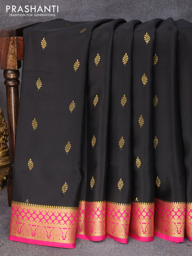 Pure mysore silk saree black and pink with zari woven leaf buttas and zari woven border