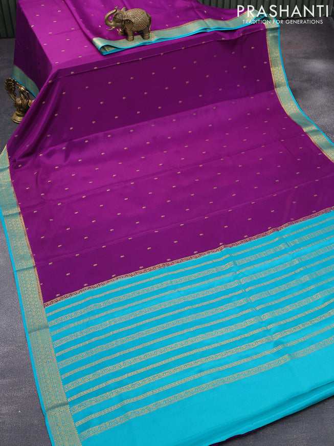 Pure mysore silk saree purple and teal green shade with zari woven buttas and zari woven border