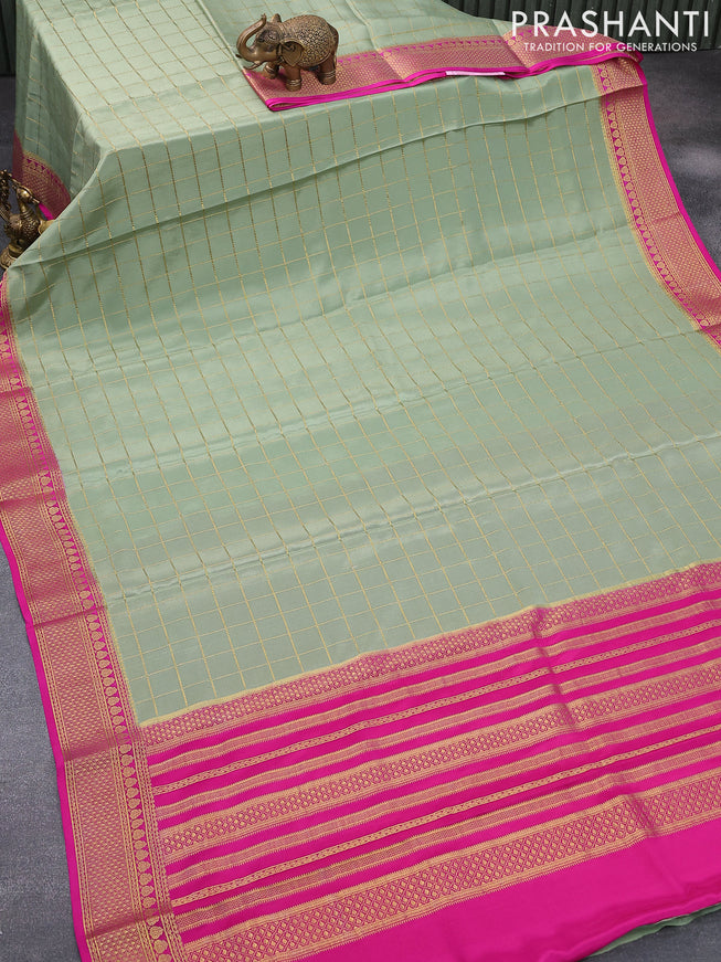 Pure mysore silk saree pastel green shade and pink with allover zari woven checked pattern and zari woven border