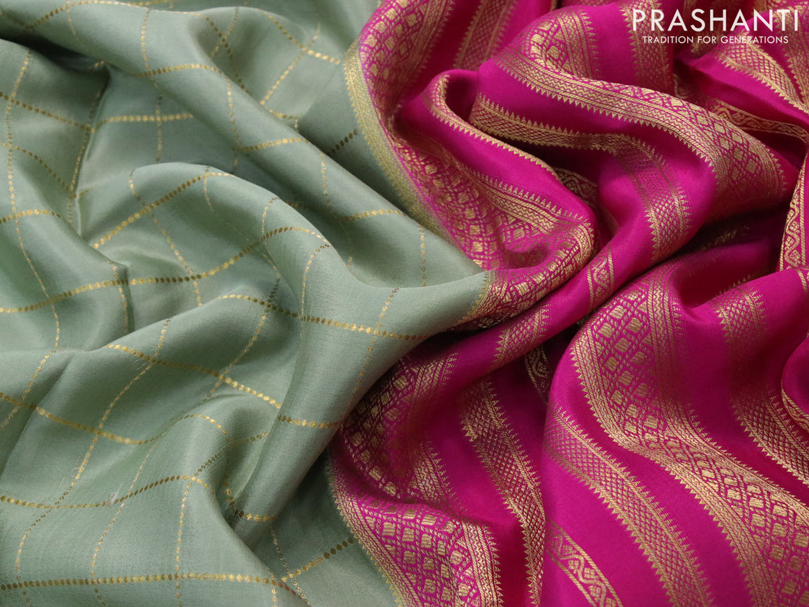 Pure mysore silk saree pastel green shade and pink with allover zari woven checked pattern and zari woven border