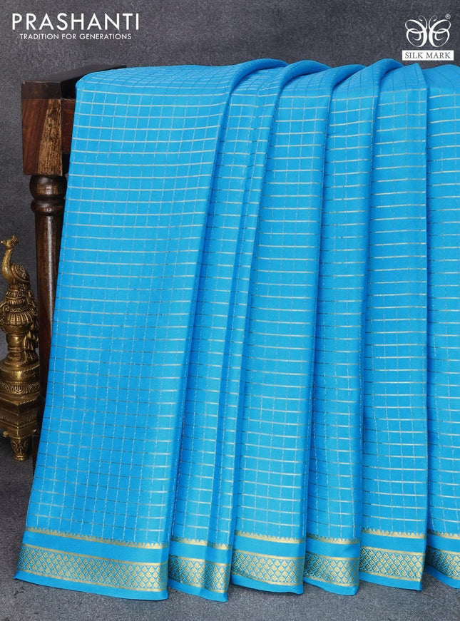 Pure mysore silk saree light blue with allover zari woven checked pattern and zari woven border