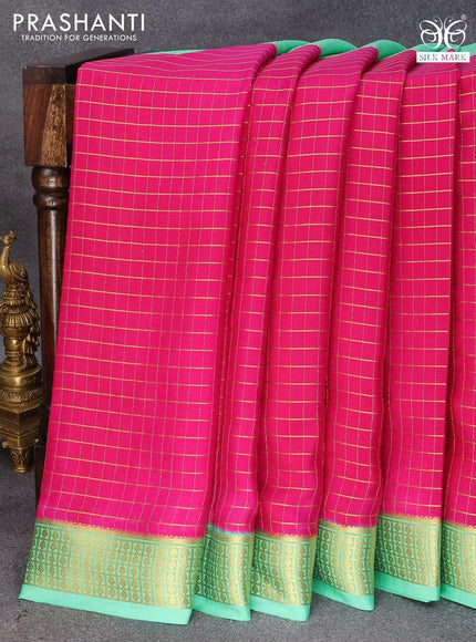 Pure mysore silk saree pink and teal green with allover zari checked pattern and zari woven border