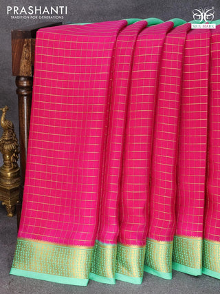 Pure mysore silk saree pink and teal green with allover zari checked pattern and zari woven border