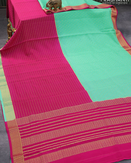 Pure mysore silk saree pink and teal green with allover zari checked pattern and zari woven border