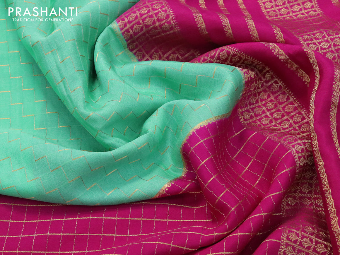 Pure mysore silk saree pink and teal green with allover zari checked pattern and zari woven border