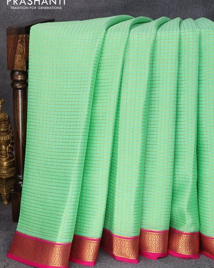 Pure mysore silk saree teal green shade and pink with allover small zari checked pattern and zari woven border