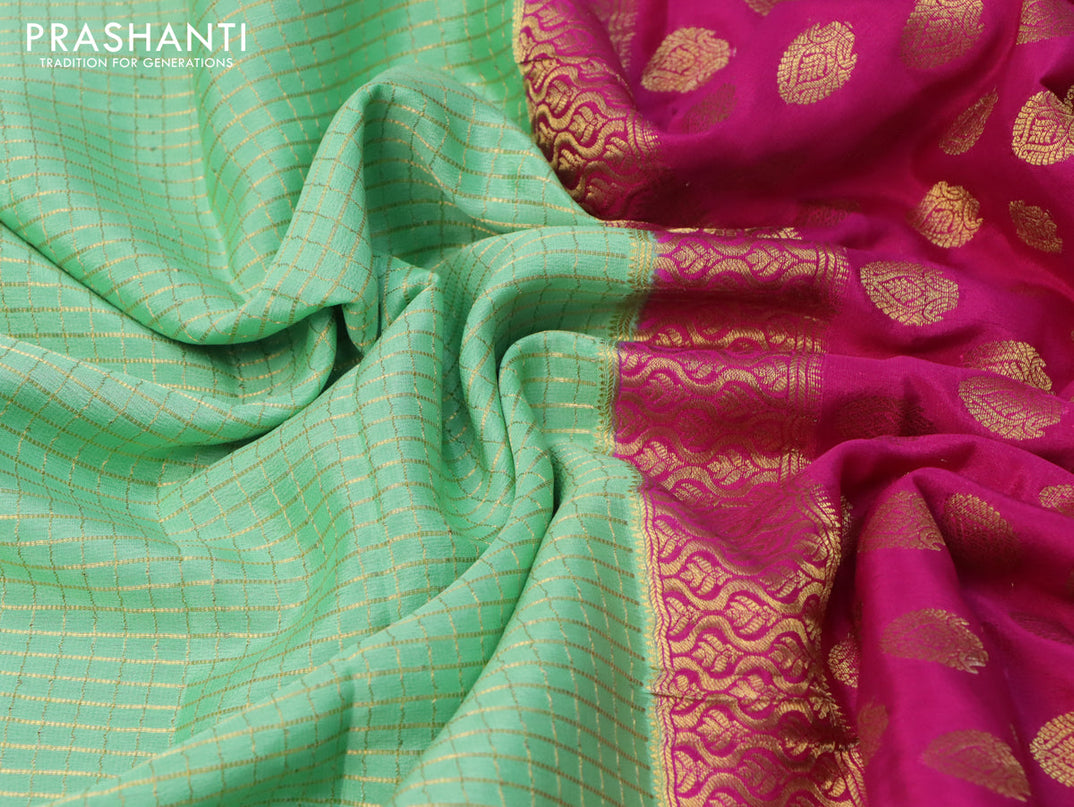 Pure mysore silk saree teal green shade and pink with allover small zari checked pattern and zari woven border