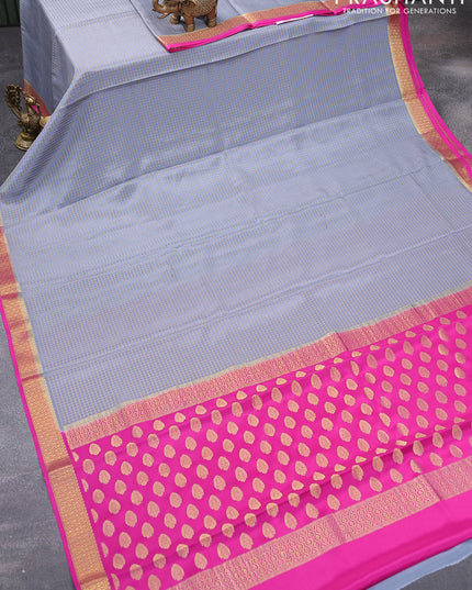 Pure mysore silk saree grey and pink with allover small zari checked pattern and zari woven border