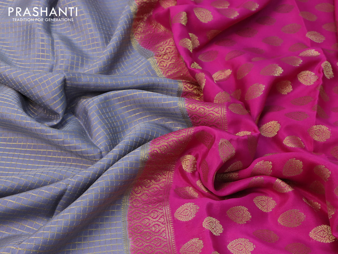 Pure mysore silk saree grey and pink with allover small zari checked pattern and zari woven border