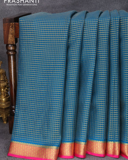 Pure mysore silk saree teal blue and pink with allover small zari checked pattern and zari woven border