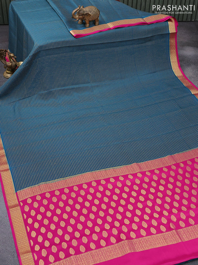Pure mysore silk saree teal blue and pink with allover small zari checked pattern and zari woven border