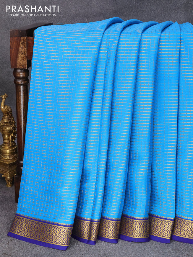 Pure mysore silk saree cs blue and blue with allover small zari checked pattern and zari woven border