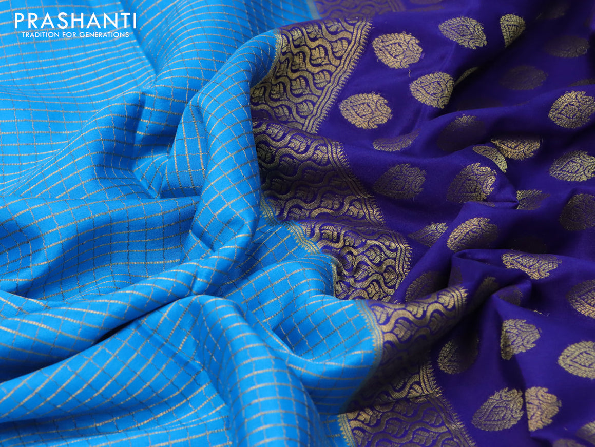 Pure mysore silk saree cs blue and blue with allover small zari checked pattern and zari woven border