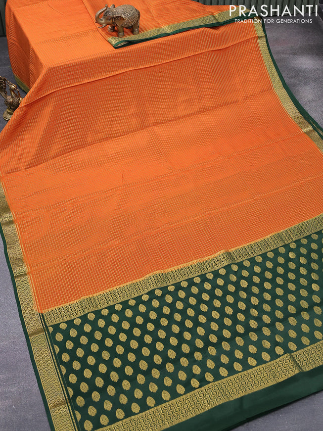 Pure mysore silk saree dark mustard and green with allover small zari checked pattern and zari woven border