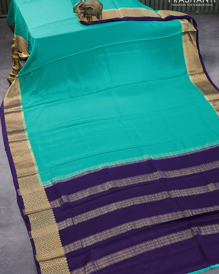 Pure mysore silk saree teal blue and blue with plain body and zari woven border
