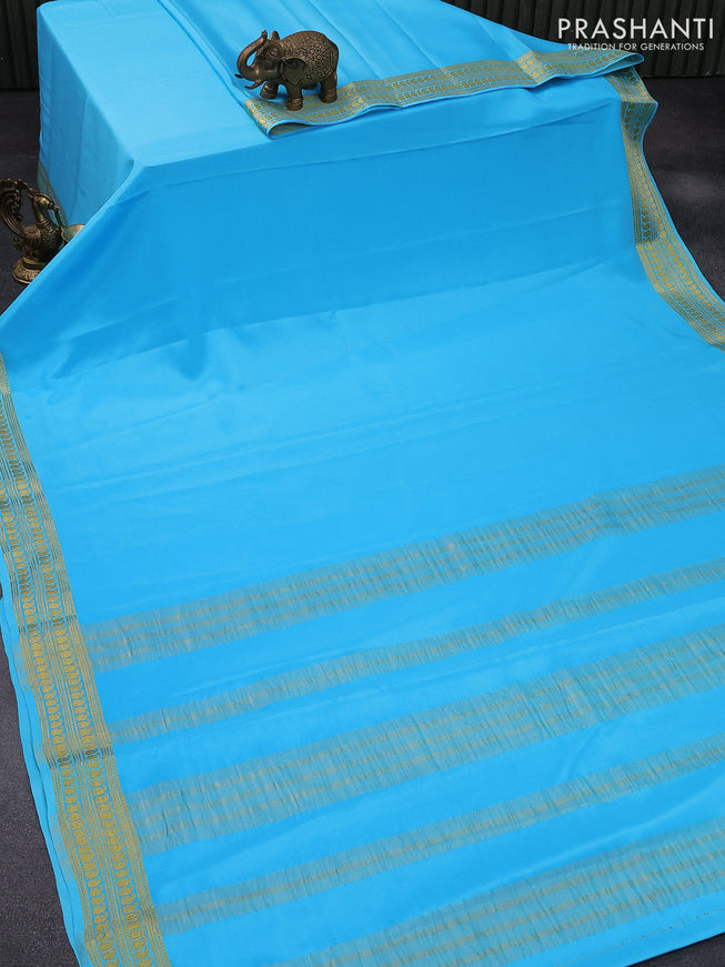 Pure mysore silk saree light blue with plain body and zari woven border