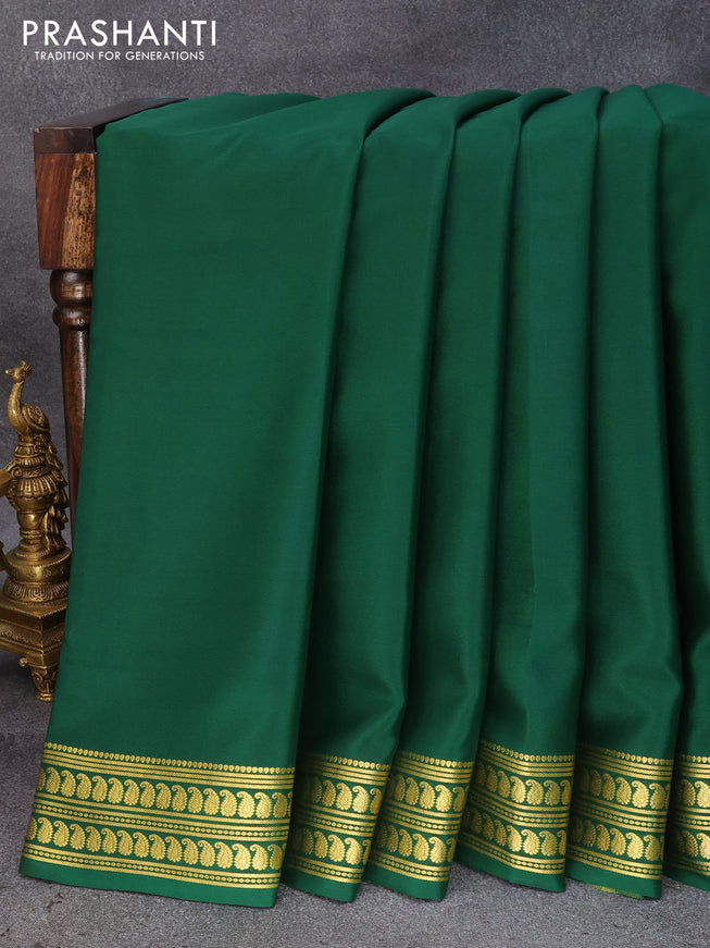 Pure mysore silk saree green with plain body and zari woven border