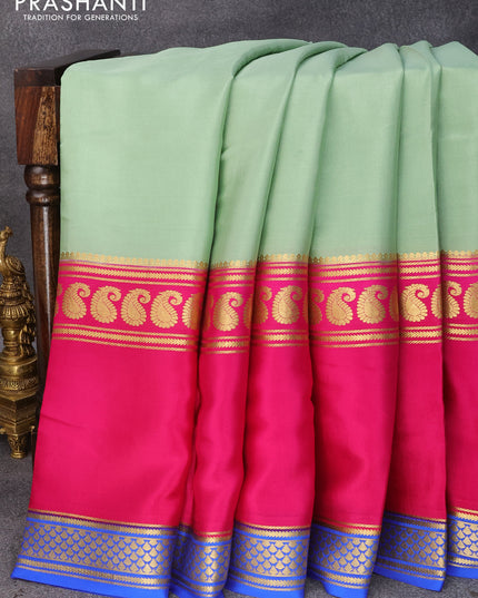 Pure mysore silk saree pastel green and pink blue with plain body and long rettapet zari woven border