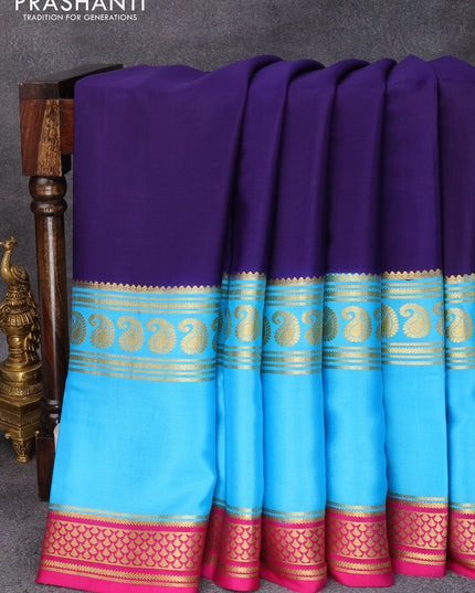 Pure mysore silk saree blue and light blue pink with plain body and long rettapet zari woven border
