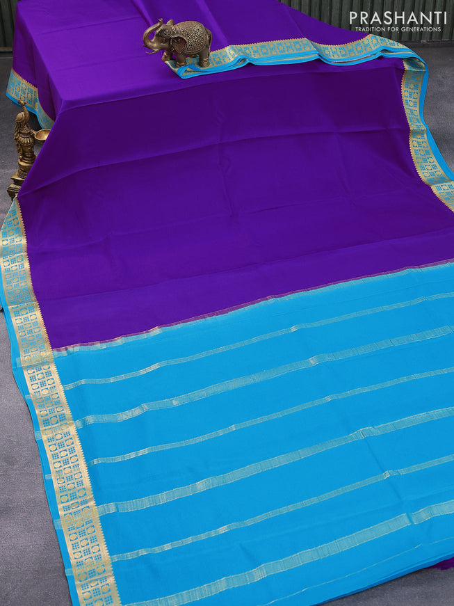 Pure mysore silk saree violet and light blue with plain body and zari woven border
