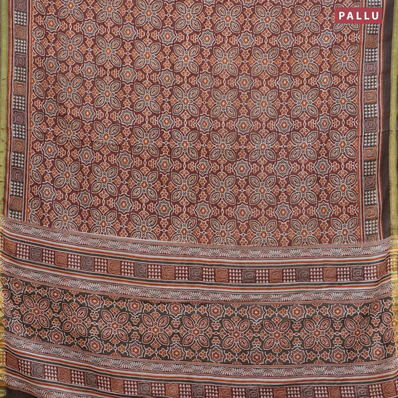 Mul cotton saree rust shade and grey shade with allover ajrakh prints and small zari woven border