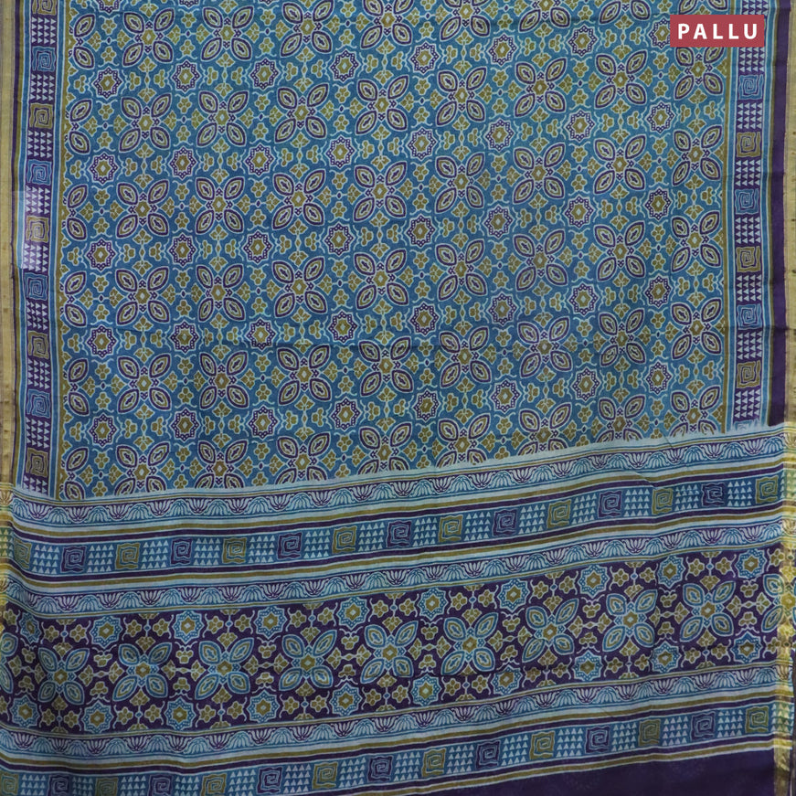 Mul cotton saree cs blue and blue with allover ajrakh prints and small zari woven border