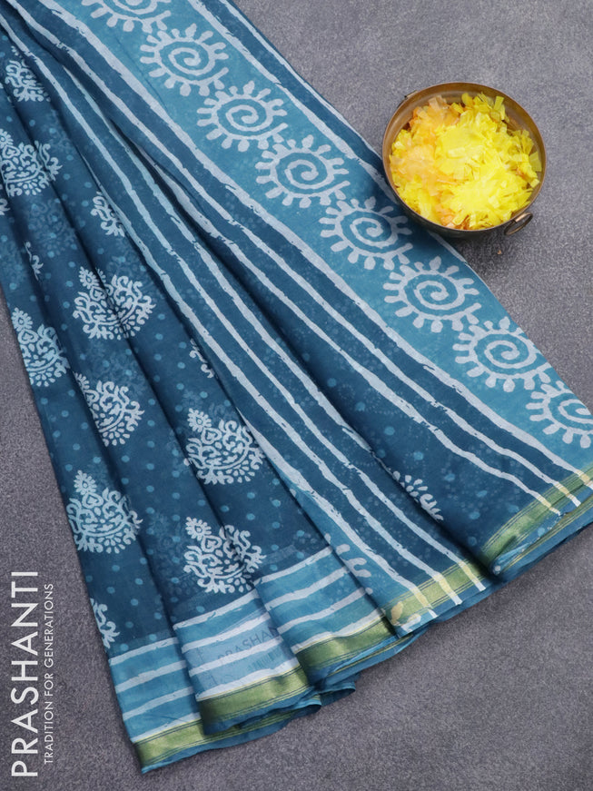 Mul cotton saree cs blue with allover butta prints and small zari woven border