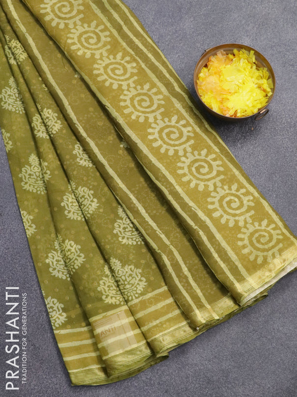 Mul cotton saree mehendi green with allover butta prints and small zari woven border
