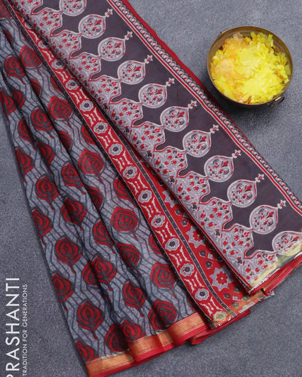 Mul cotton saree grey shade and red with allover leaf butta prints and small zari woven border