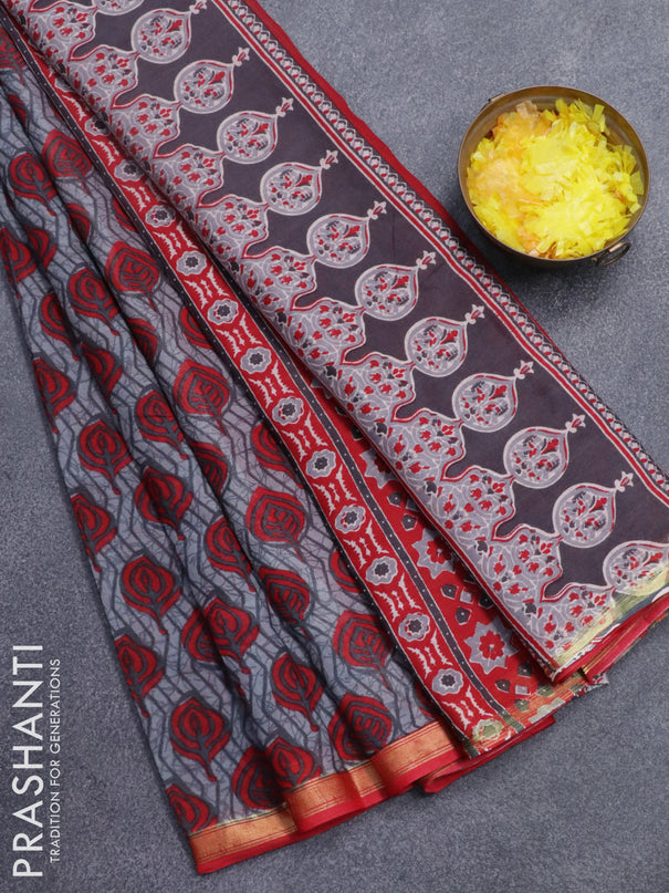 Mul cotton saree grey shade and red with allover leaf butta prints and small zari woven border