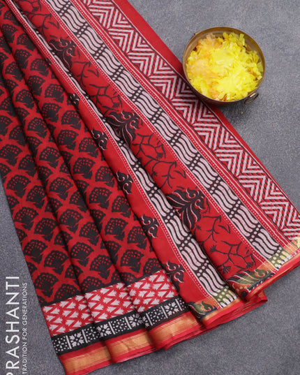 Mul cotton saree black and red with allover butta prints and small zari woven border