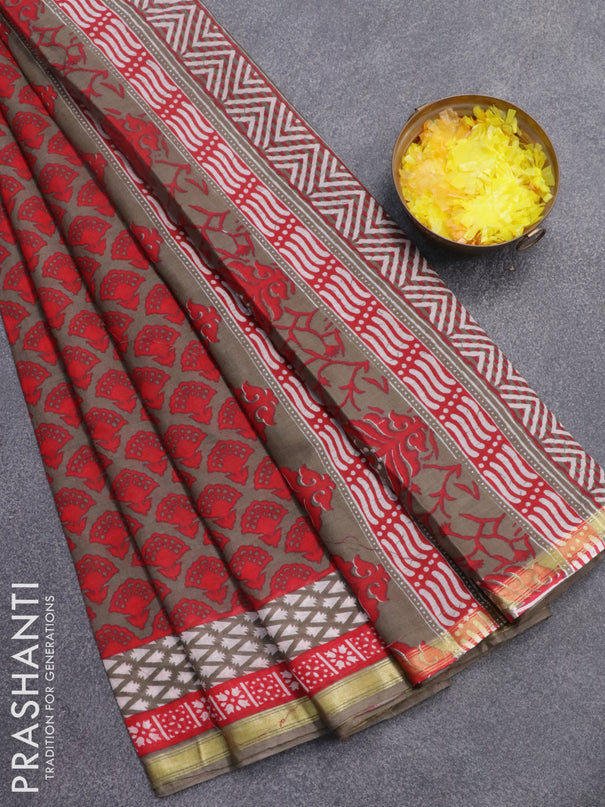 Mul cotton saree grey and red with allover butta prints and small zari woven border