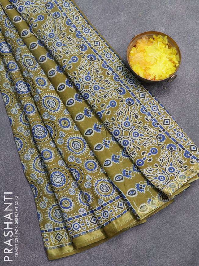 Mul cotton saree mehendi green with allover ajrakh prints and small zari woven border