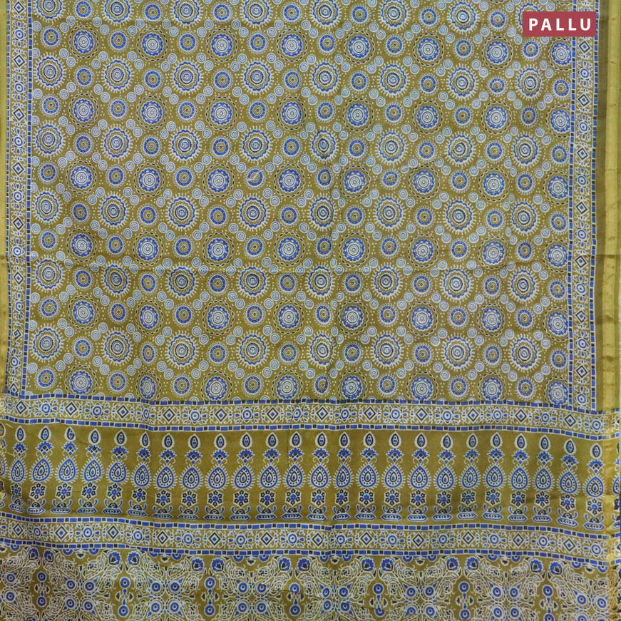 Mul cotton saree mehendi green with allover ajrakh prints and small zari woven border