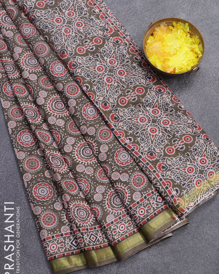 Mul cotton saree grey shade with allover ajrakh prints and small zari woven border