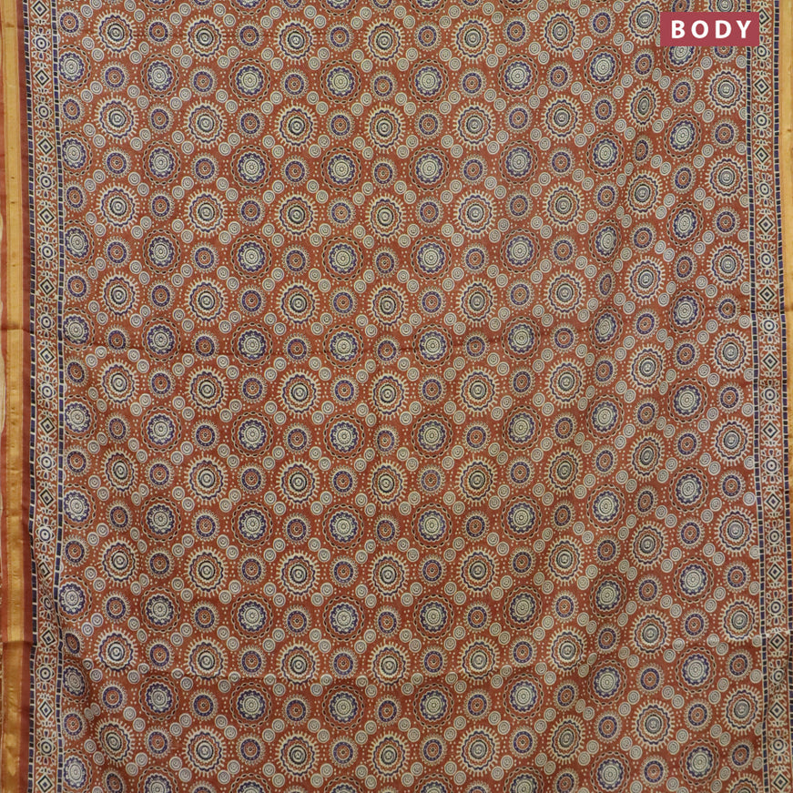 Mul cotton saree dark mustard with allover ajrakh prints and small zari woven border
