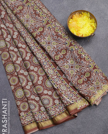 Mul cotton saree brown with allover ajrakh prints and small zari woven border