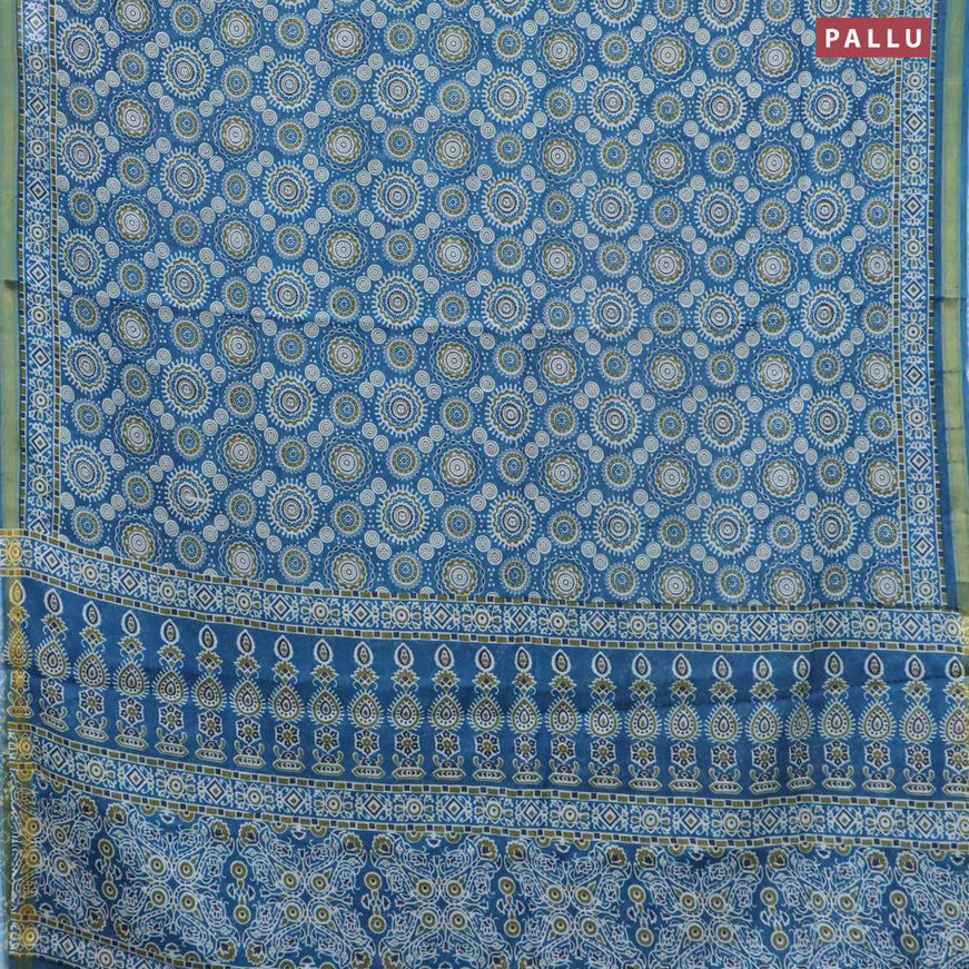 Mul cotton saree cs blue with allover ajrakh prints and small zari woven border