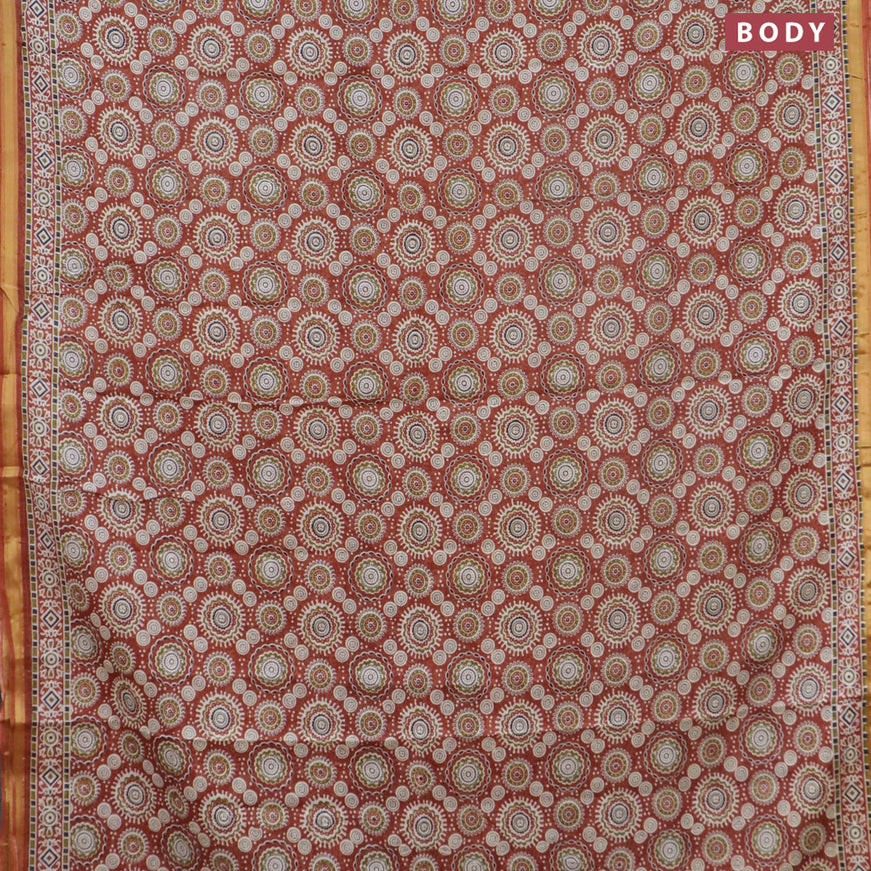 Mul cotton saree rust shade with allover ajrakh prints and small zari woven border