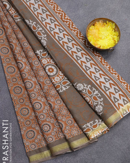 Mul cotton saree mustard shade and grey shade with allover ajrakh prints and small zari woven border