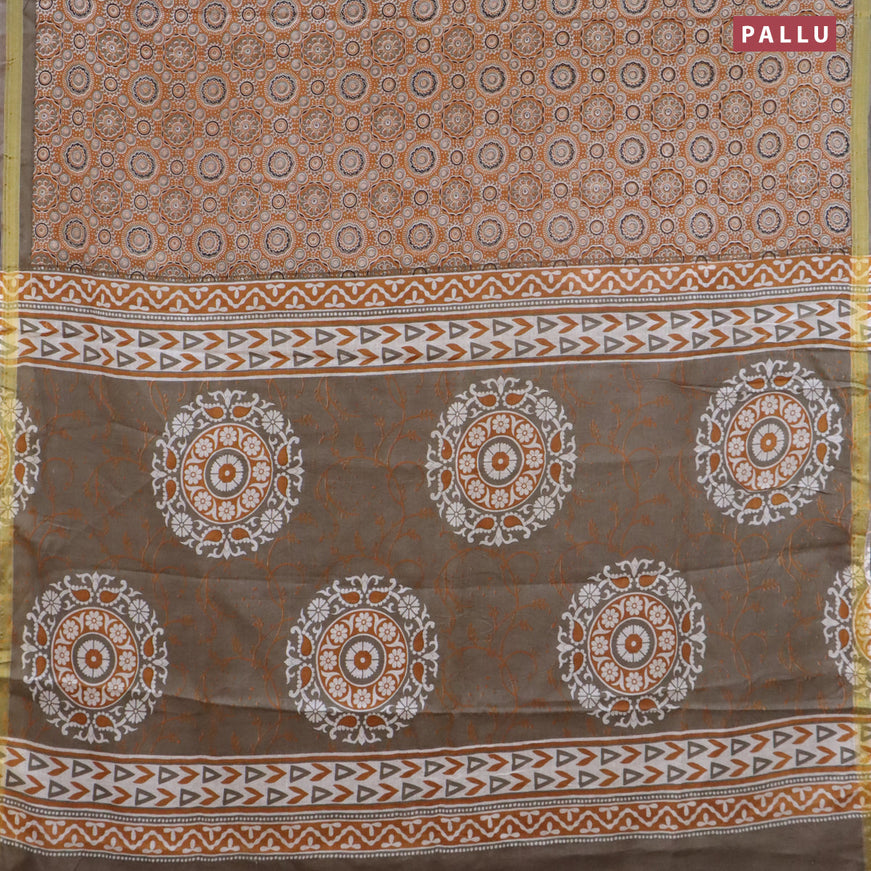 Mul cotton saree mustard shade and grey shade with allover ajrakh prints and small zari woven border