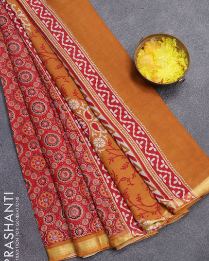 Mul cotton saree red and mustard yellow with allover ajrakh prints and small zari woven border