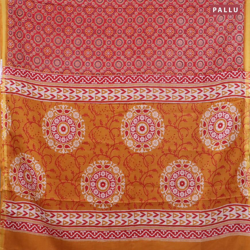 Mul cotton saree red and mustard yellow with allover ajrakh prints and small zari woven border