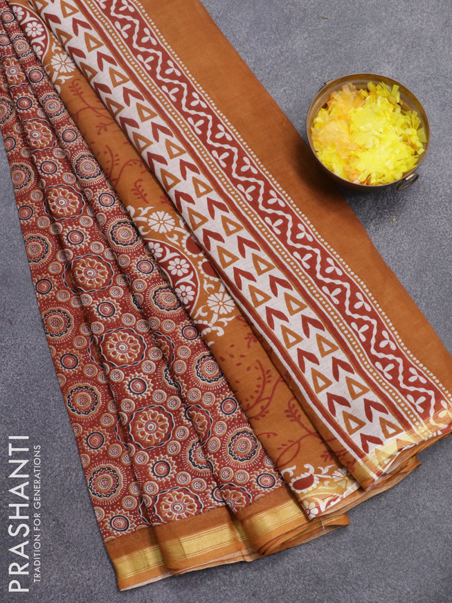 Mul cotton saree rust shade and mustard yellow with allover ajrakh prints and small zari woven border